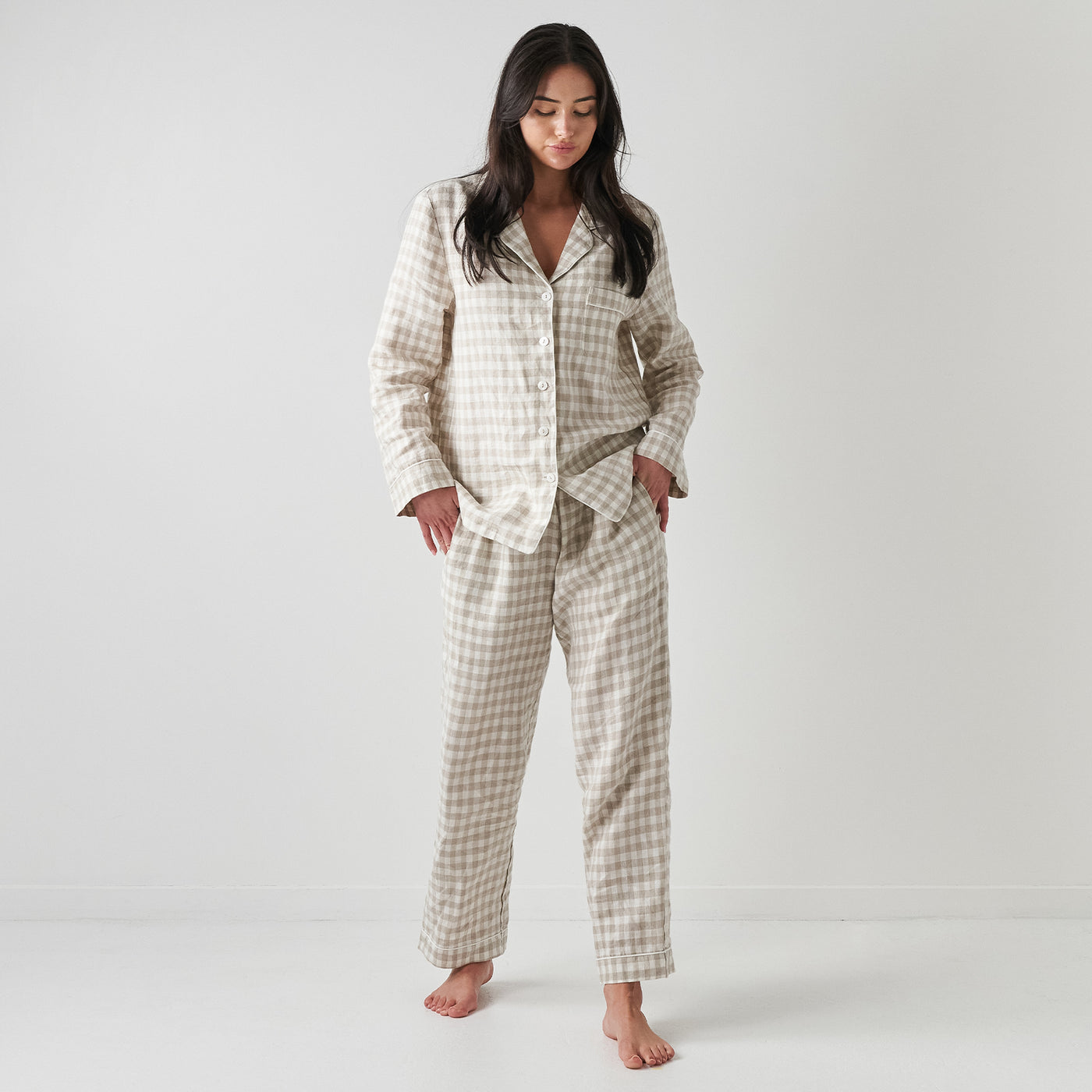 French Flax Linen Pyjama Set in Beige Gingham