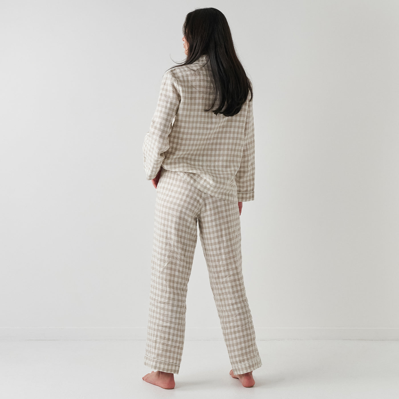 French Flax Linen Pyjama Set in Beige Gingham