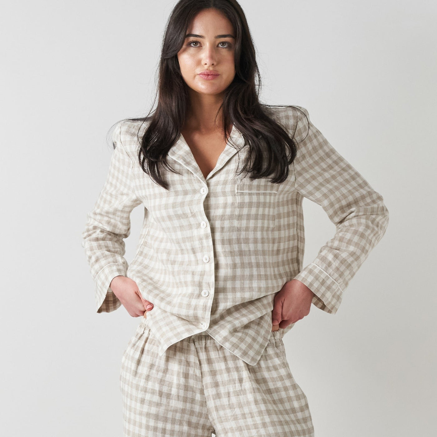 French Flax Linen Pyjama Set in Beige Gingham