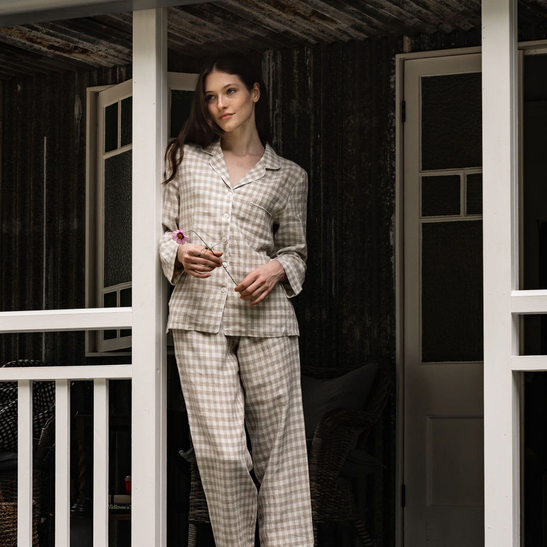 French Flax Linen Pyjama Set in Beige Gingham