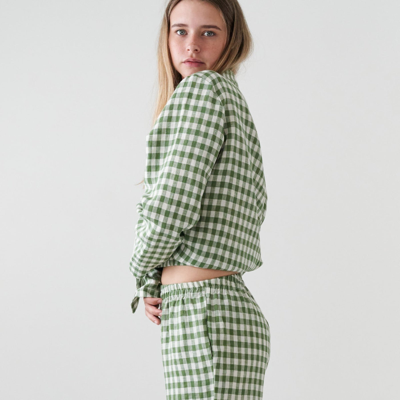 French Flax Linen Pyjama Set in Ivy Gingham