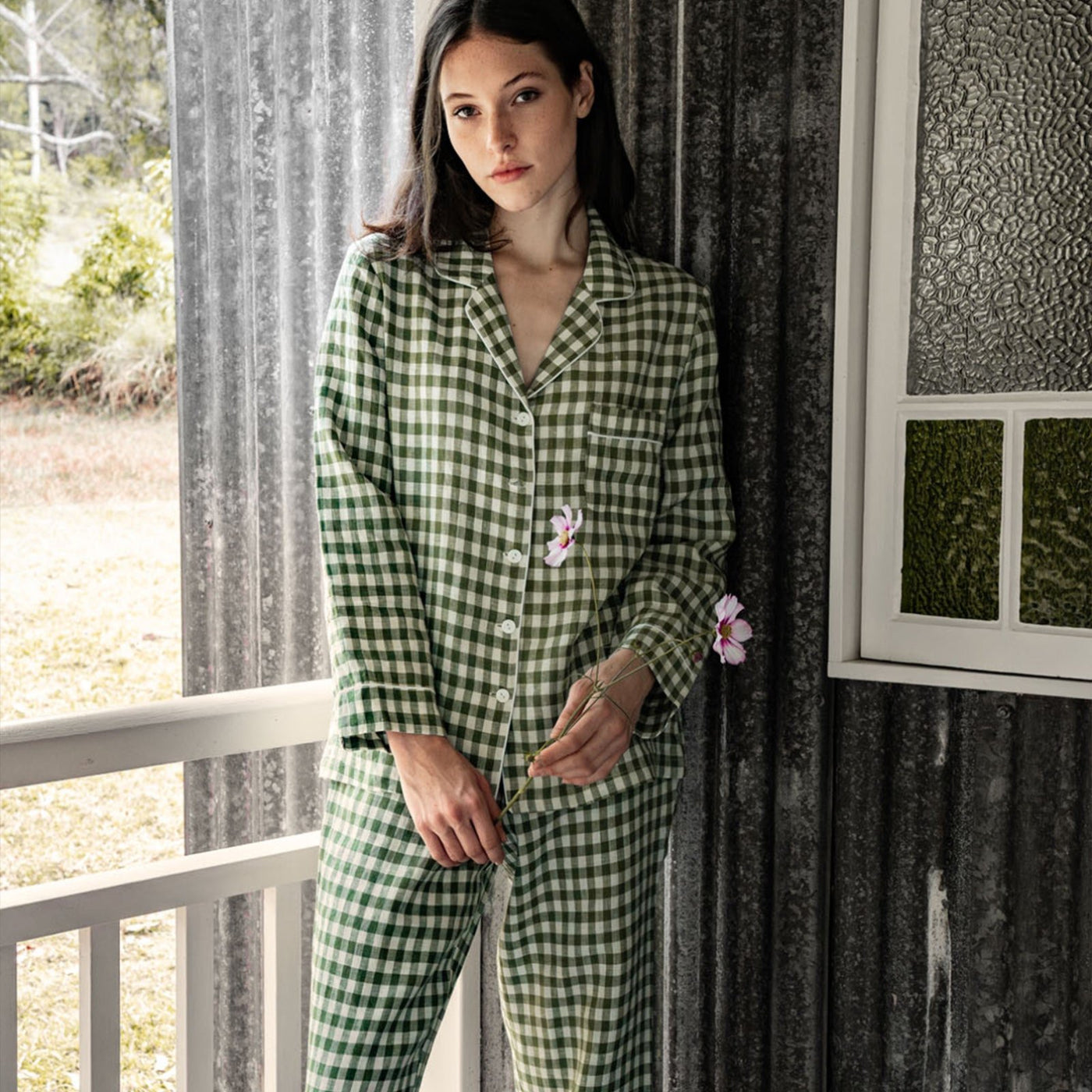 French Flax Linen Pyjama Set in Ivy Gingham