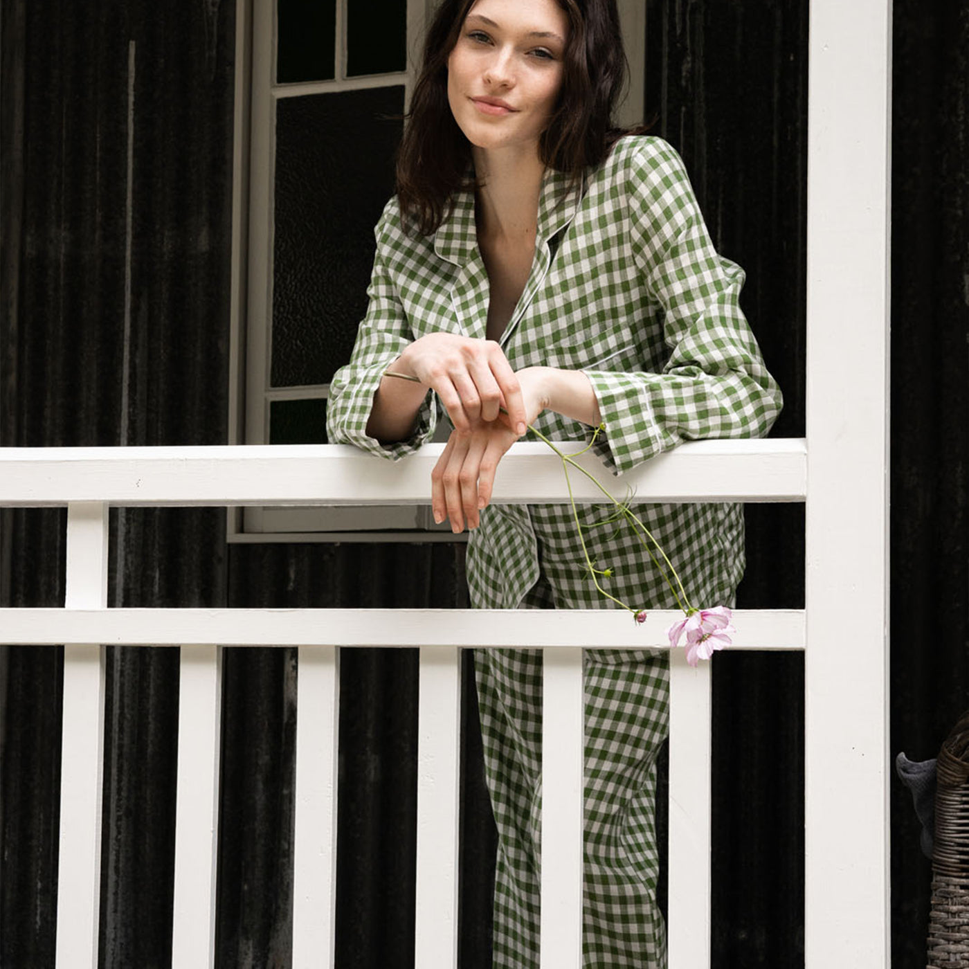 French Flax Linen Pyjama Set in Ivy Gingham