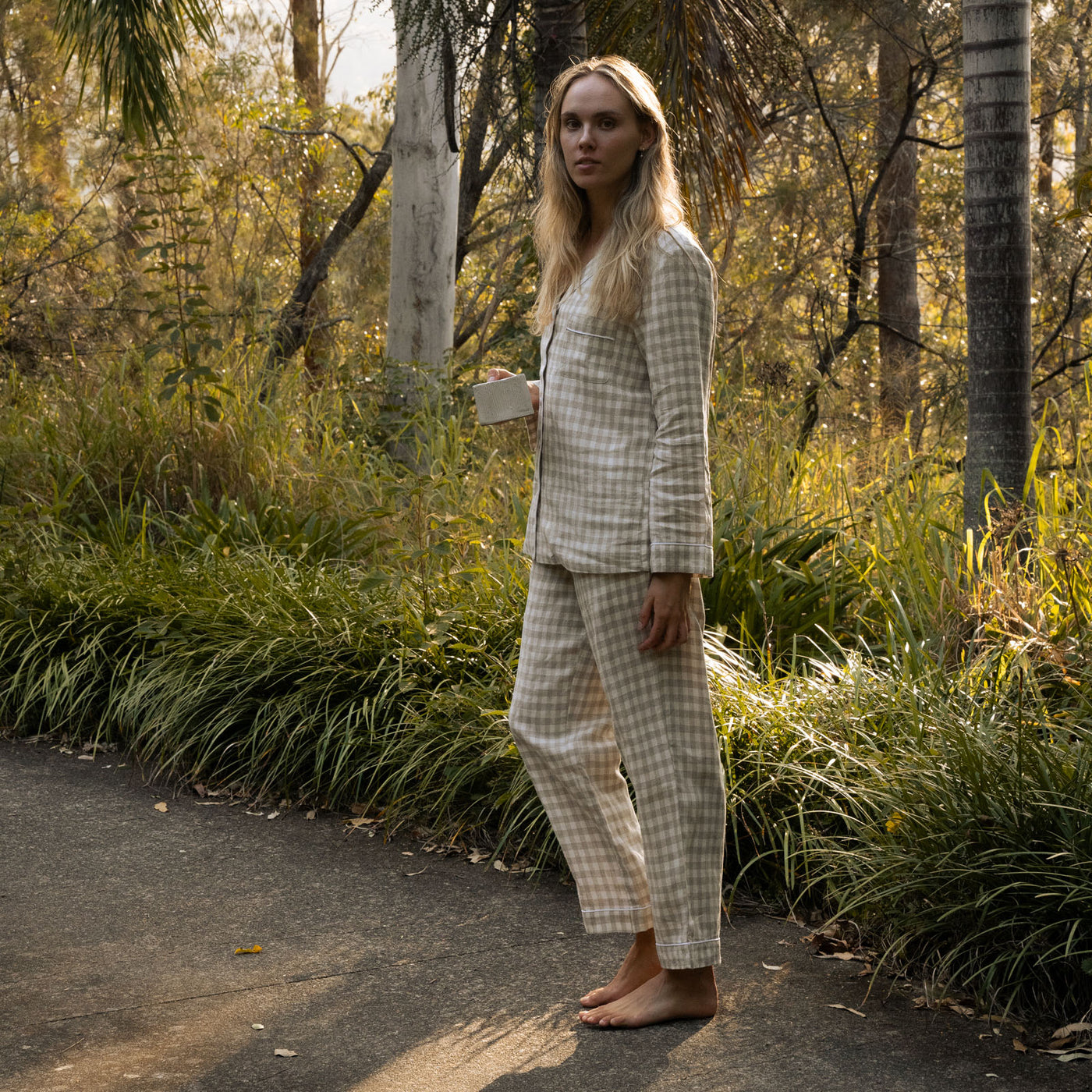 French Flax Linen Pyjama Set in Beige Gingham