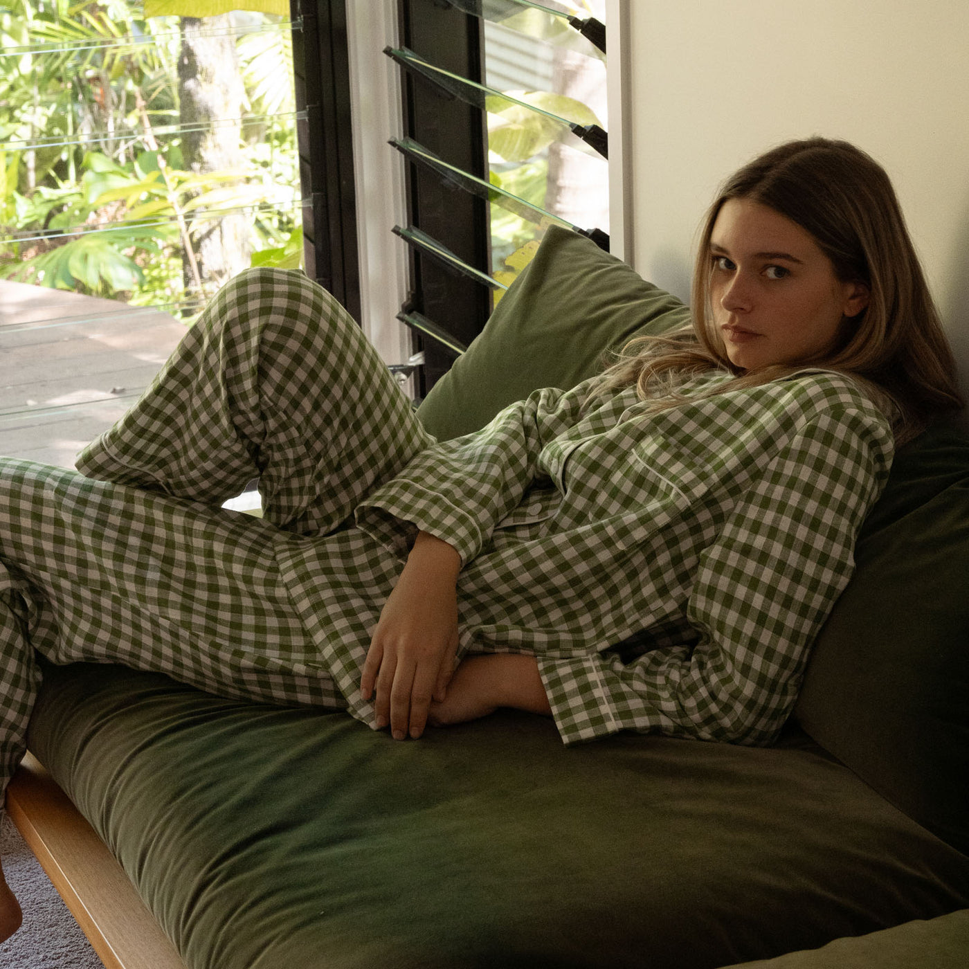 French Flax Linen Pyjama Set in Ivy Gingham