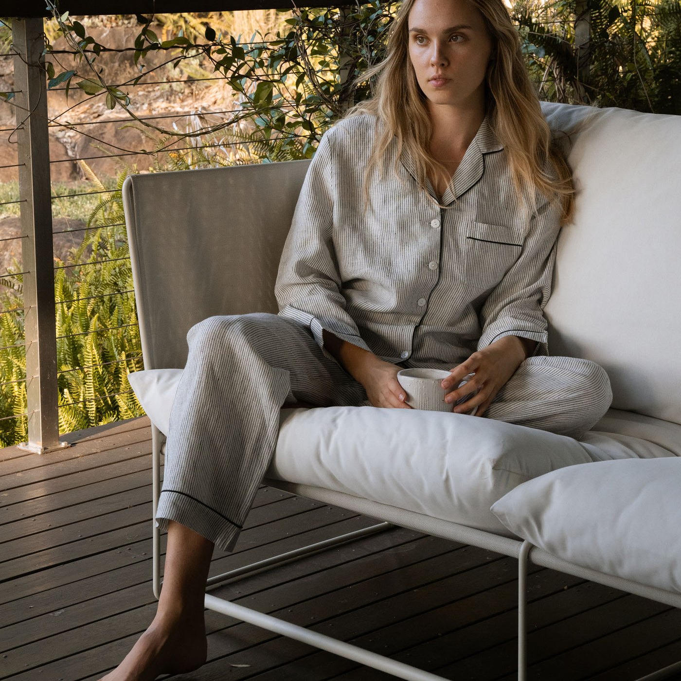 French Flax Linen Pyjama Set in Pinstripe