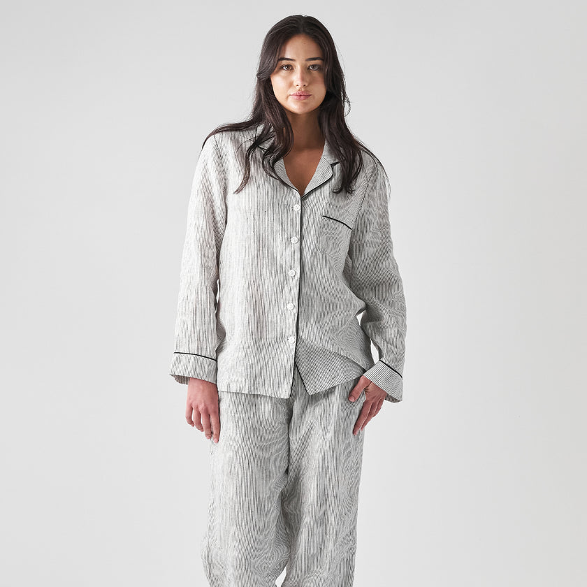 French Flax Linen Pyjama Set in Pinstripe