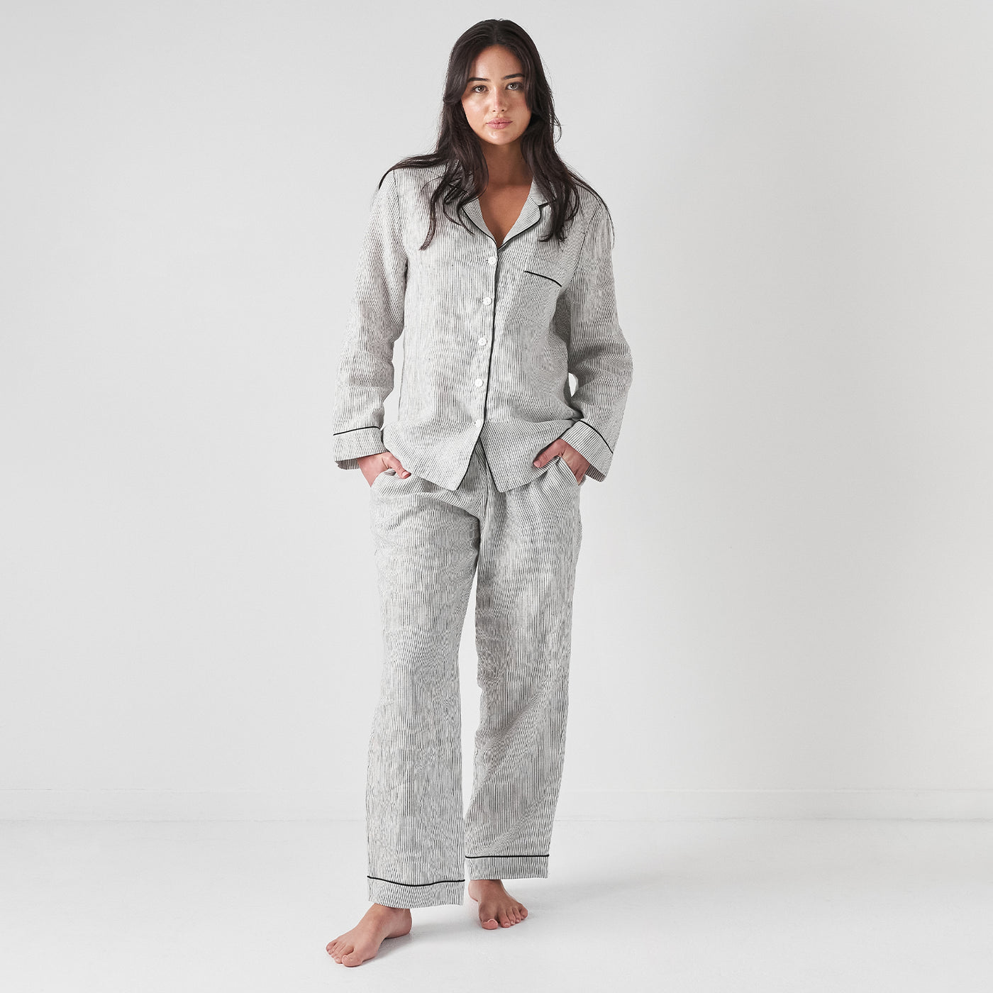 French Flax Linen Pyjama Set in Pinstripe