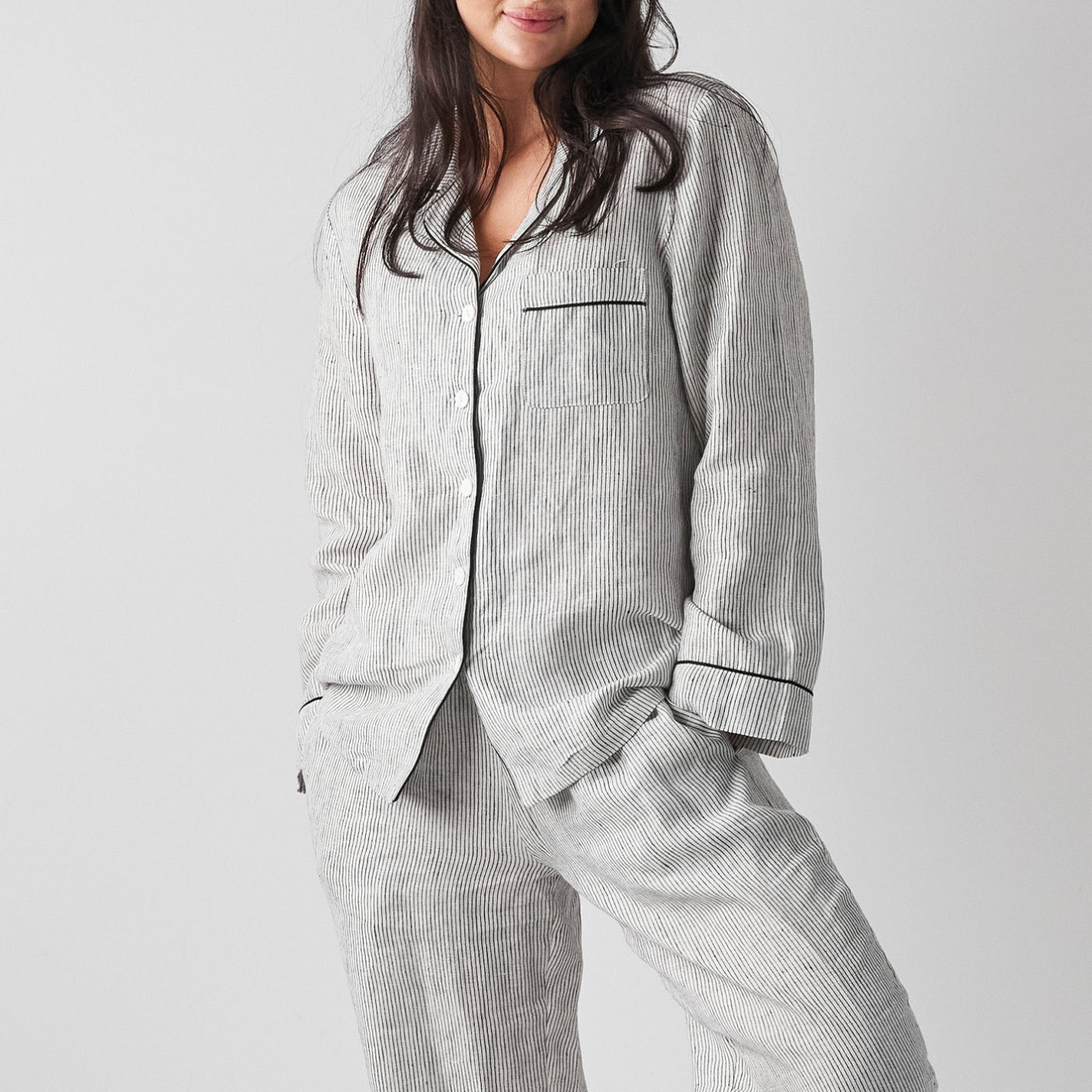 French Flax Linen Pyjama Set in Pinstripe