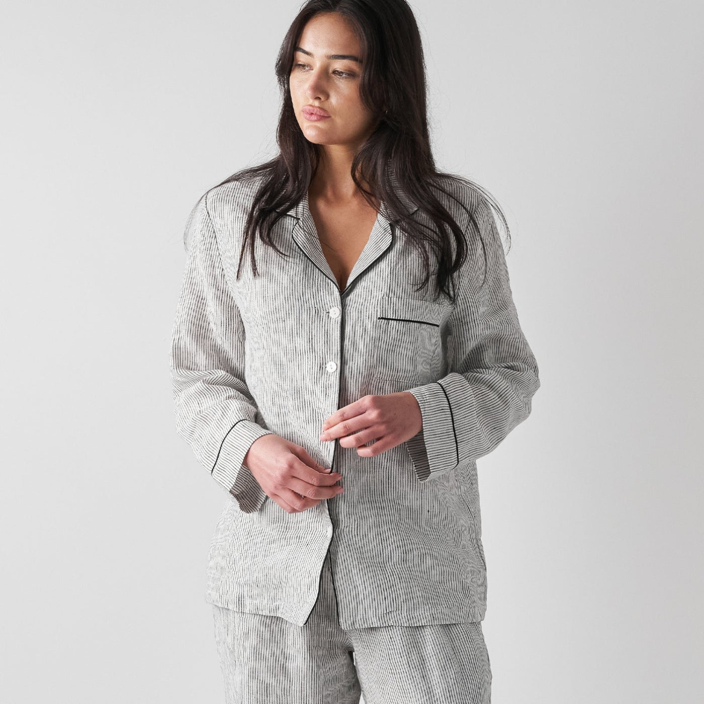 French Flax Linen Pyjama Set in Pinstripe