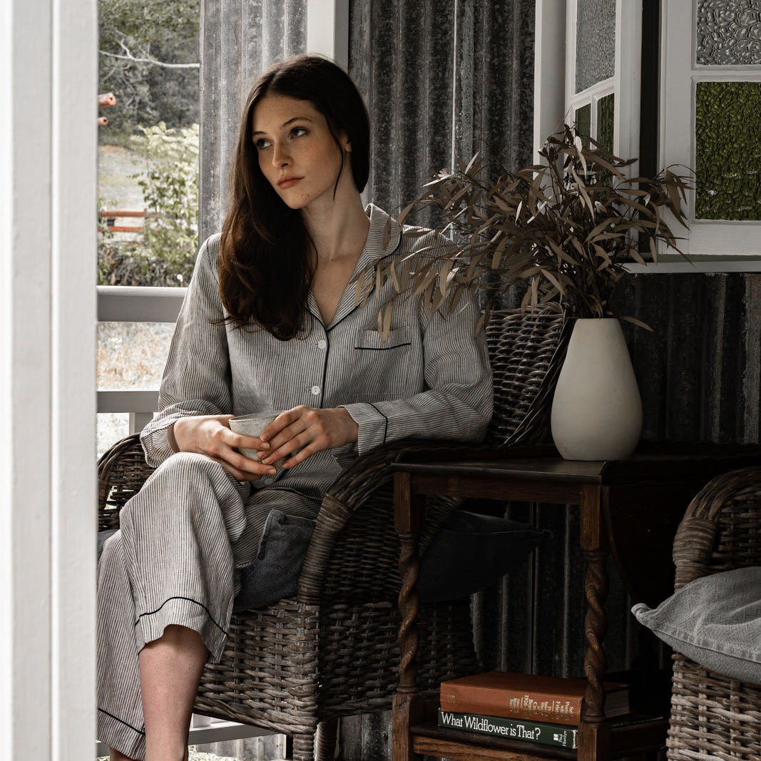 French Flax Linen Pyjama Set in Pinstripe