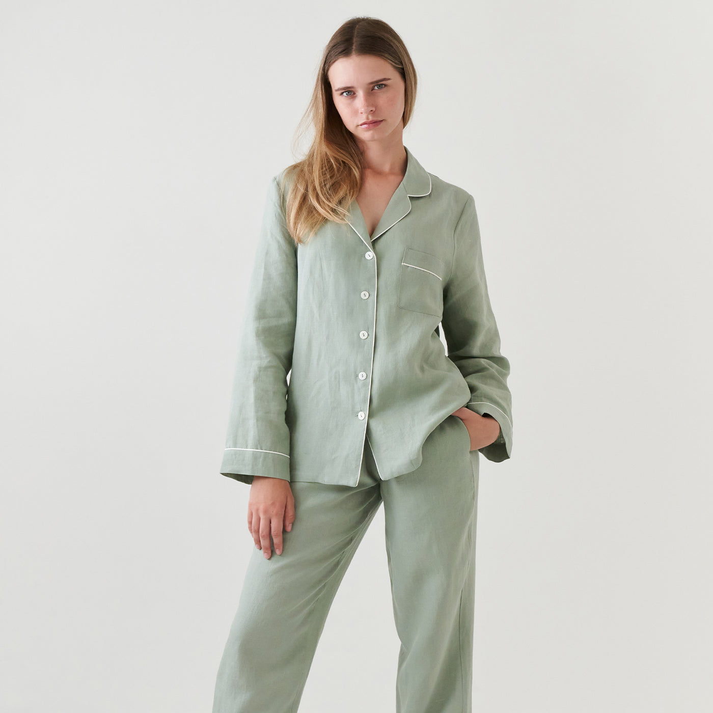 French Flax Linen Pyjama Set in Sage