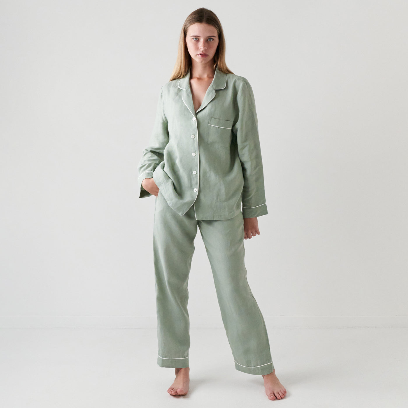 French Flax Linen Pyjama Set in Sage