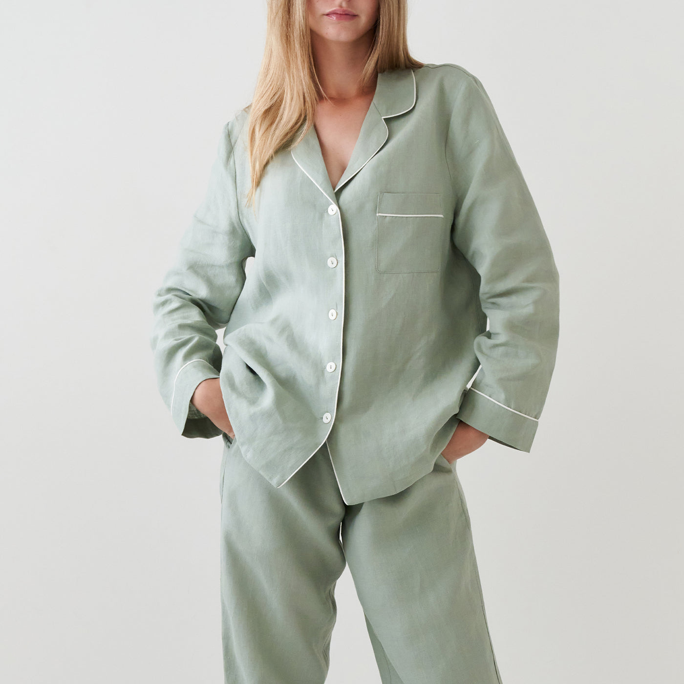 French Flax Linen Pyjama Set in Sage