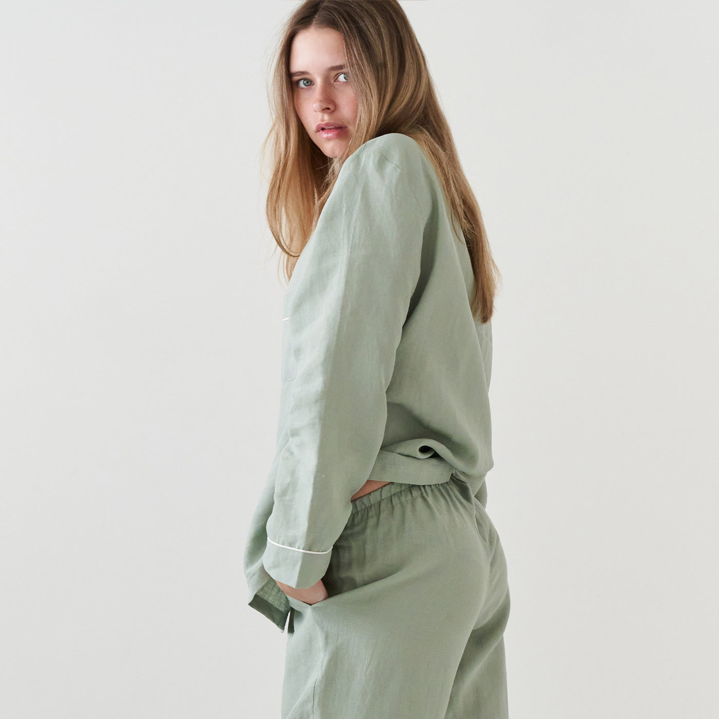 French Flax Linen Pyjama Set in Sage