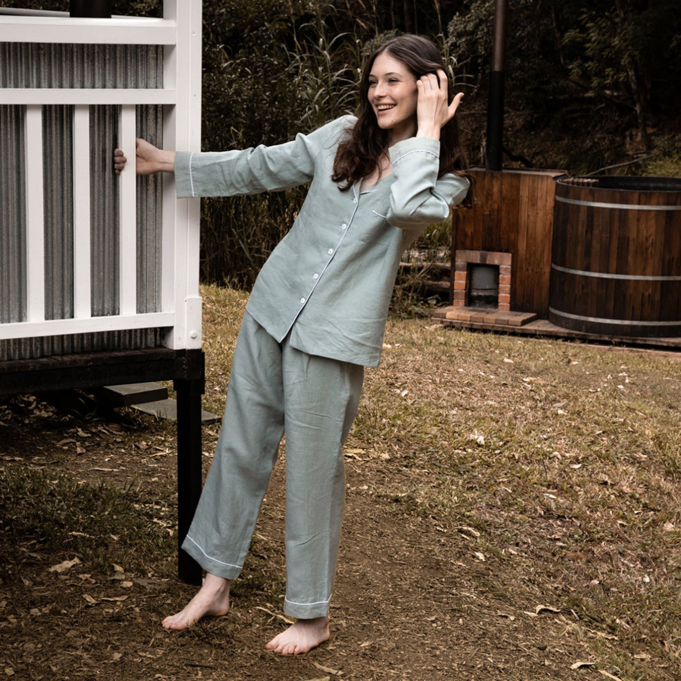 French Flax Linen Pyjama Set in Sage