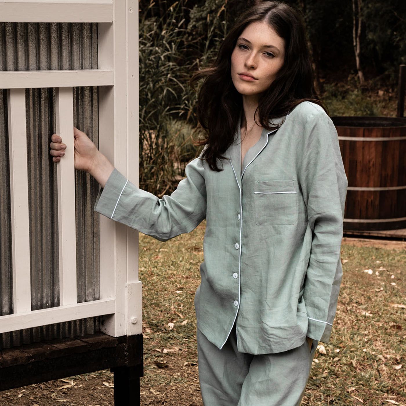 French Flax Linen Pyjama Set in Sage