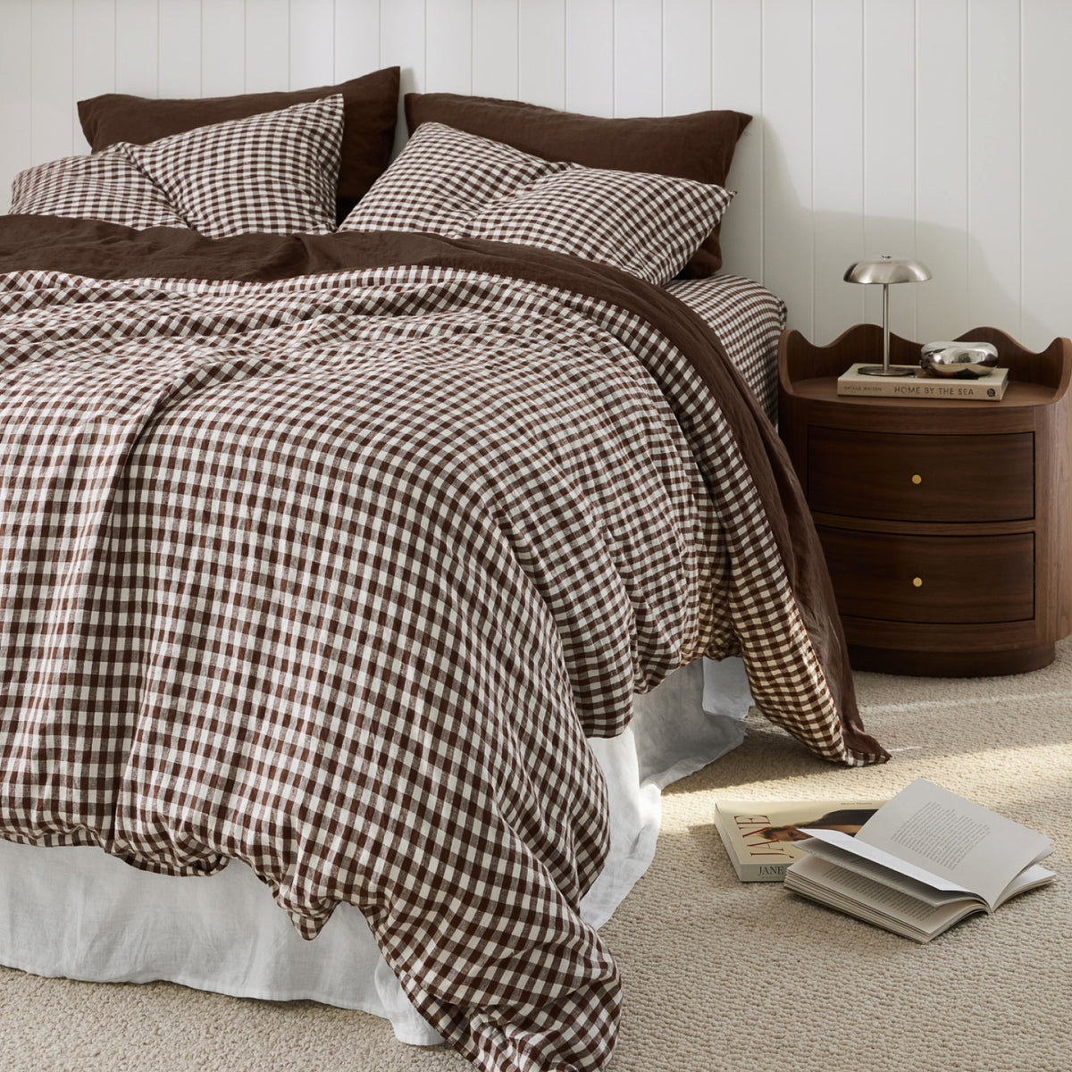 French Flax Linen Reversible Quilt Cover in Chocolate/Chocolate Gingham