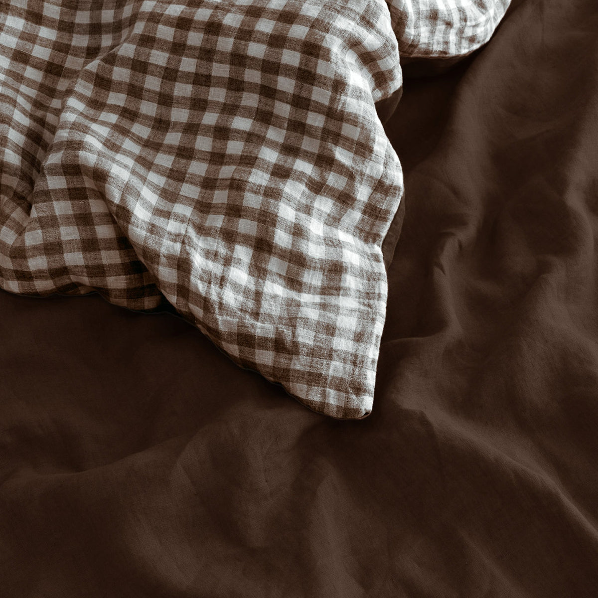 French Flax Linen Reversible Quilt Cover in Chocolate/Chocolate Gingham