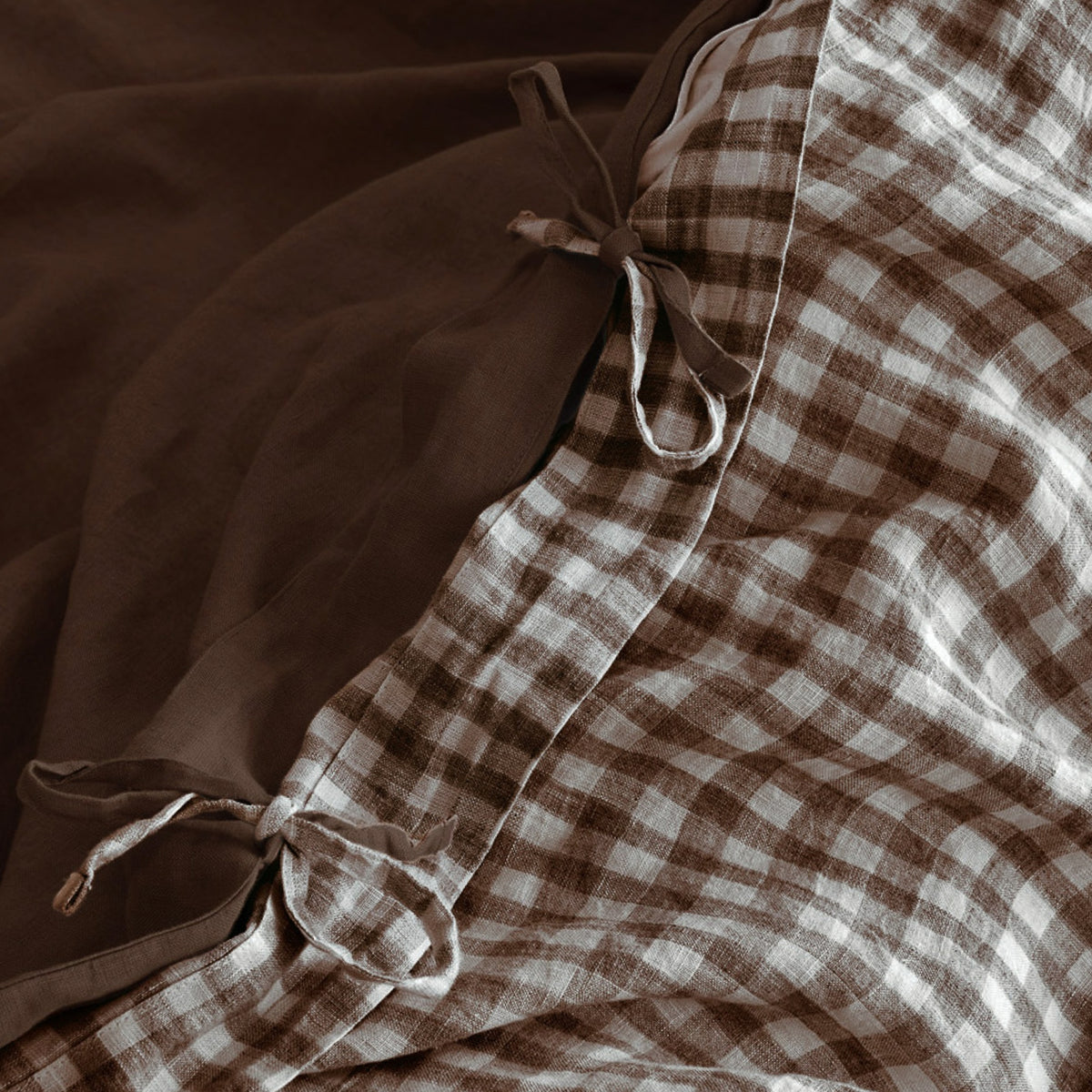 French Flax Linen Reversible Quilt Cover in Chocolate/Chocolate Gingham