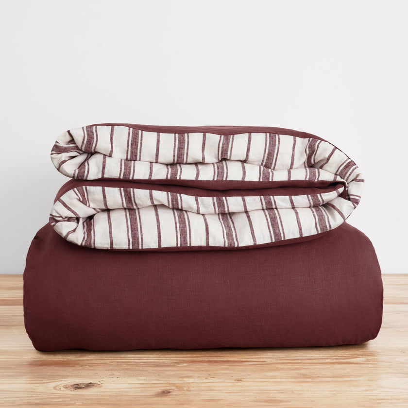 French Flax Linen Double Sided Quilt Cover in Cherrywood/Cherrywood Stripe