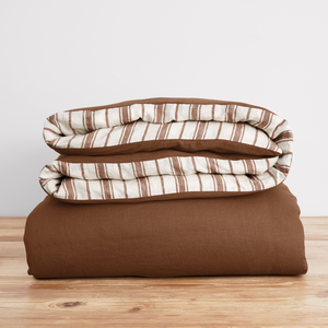 French Flax Linen Double Sided Quilt Cover in Hazelnut/Hazelnut Stripe
