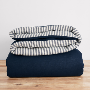 French Flax Linen Double Sided Quilt Cover in Indigo/Indigo Stripe
