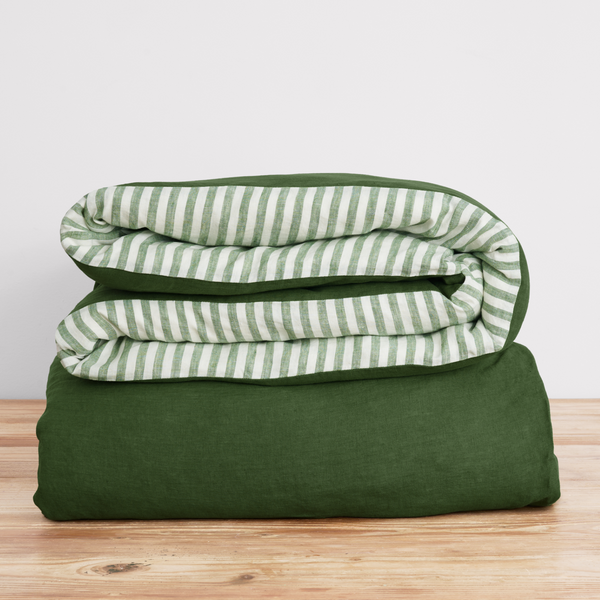 French Flax Linen Double Sided Quilt Cover in Ivy/Ivy Stripe