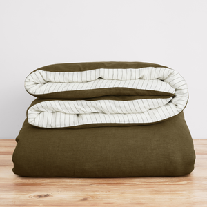 French Flax Linen Double Sided Quilt Cover in Olive/Olive Stripe
