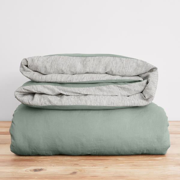 French Flax Linen Double Sided Quilt Cover in Sage/Pinstripe
