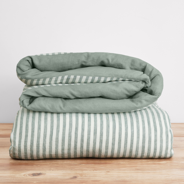 French Flax Linen Double Sided Quilt Cover in Sage/Sage Stripe