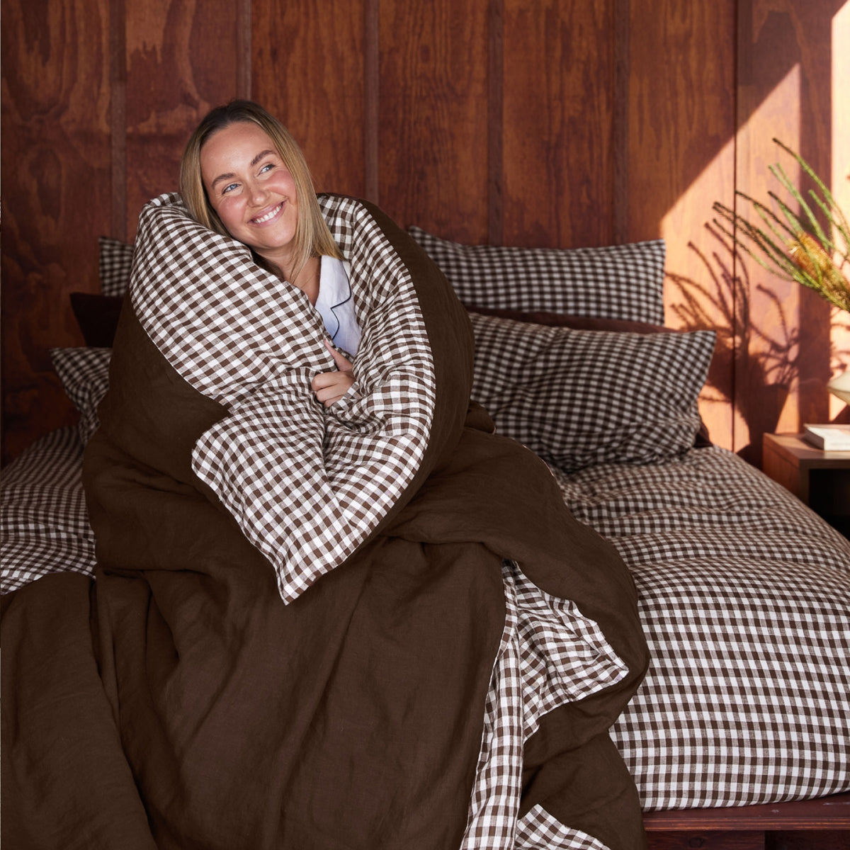 French Flax Linen Reversible Quilt Cover in Chocolate/Chocolate Gingham