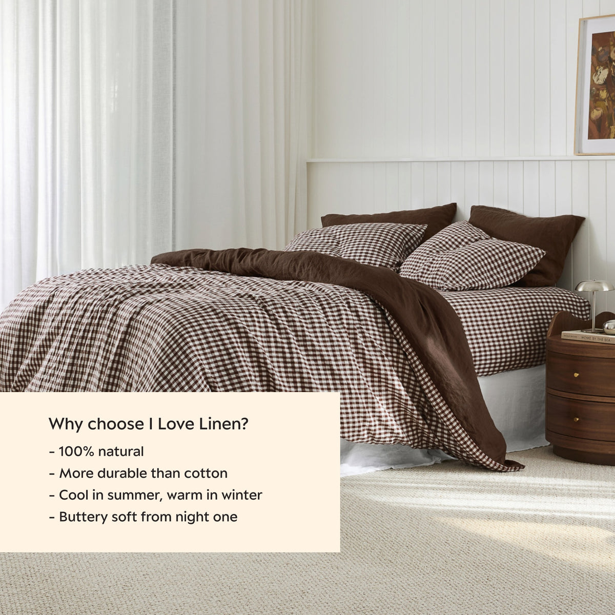 French Flax Linen Reversible Quilt Cover in Chocolate/Chocolate Gingham
