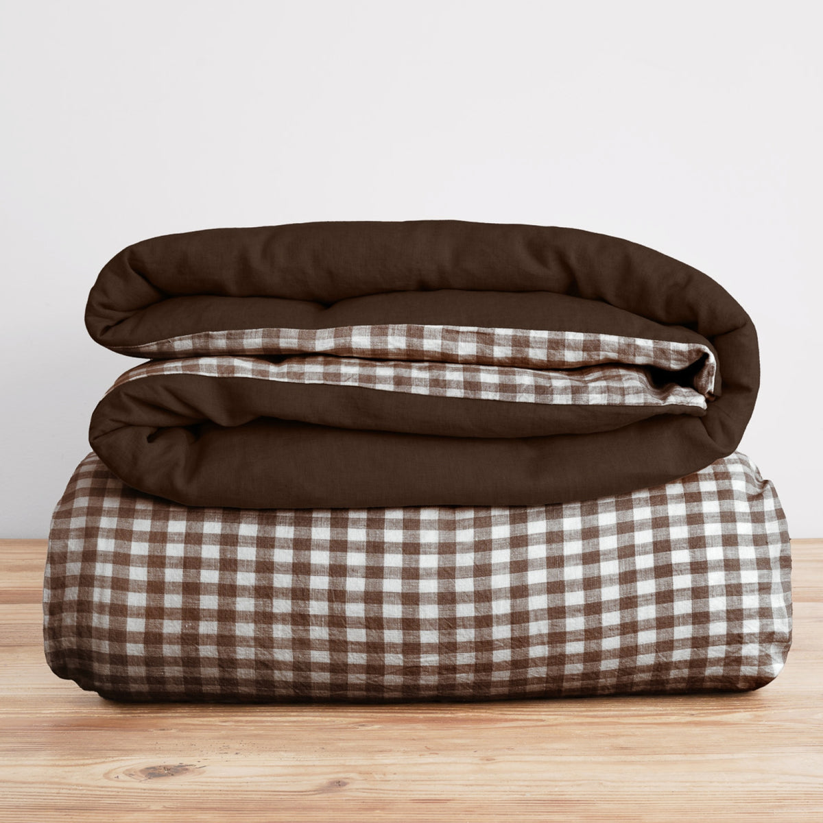 French Flax Linen Reversible Quilt Cover in Chocolate/Chocolate Gingham