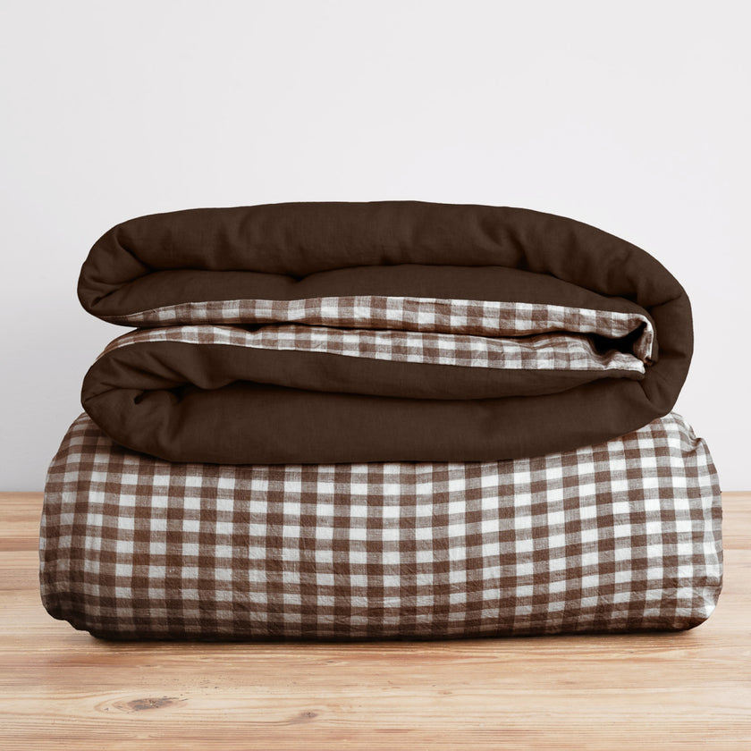 French Flax Linen Double Sided Quilt Cover in Chocolate/Chocolate Gingham