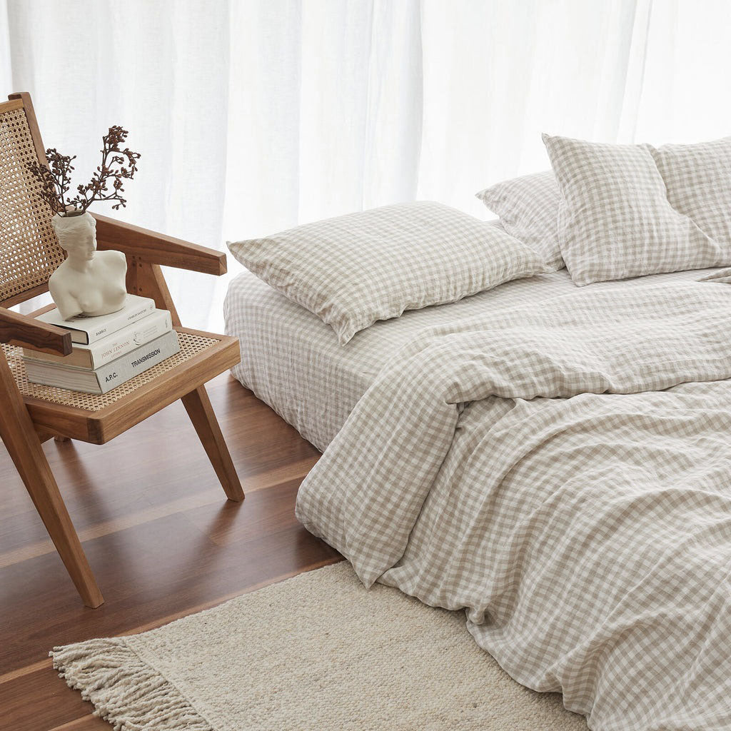 French Flax Linen Quilt Cover in Beige Gingham