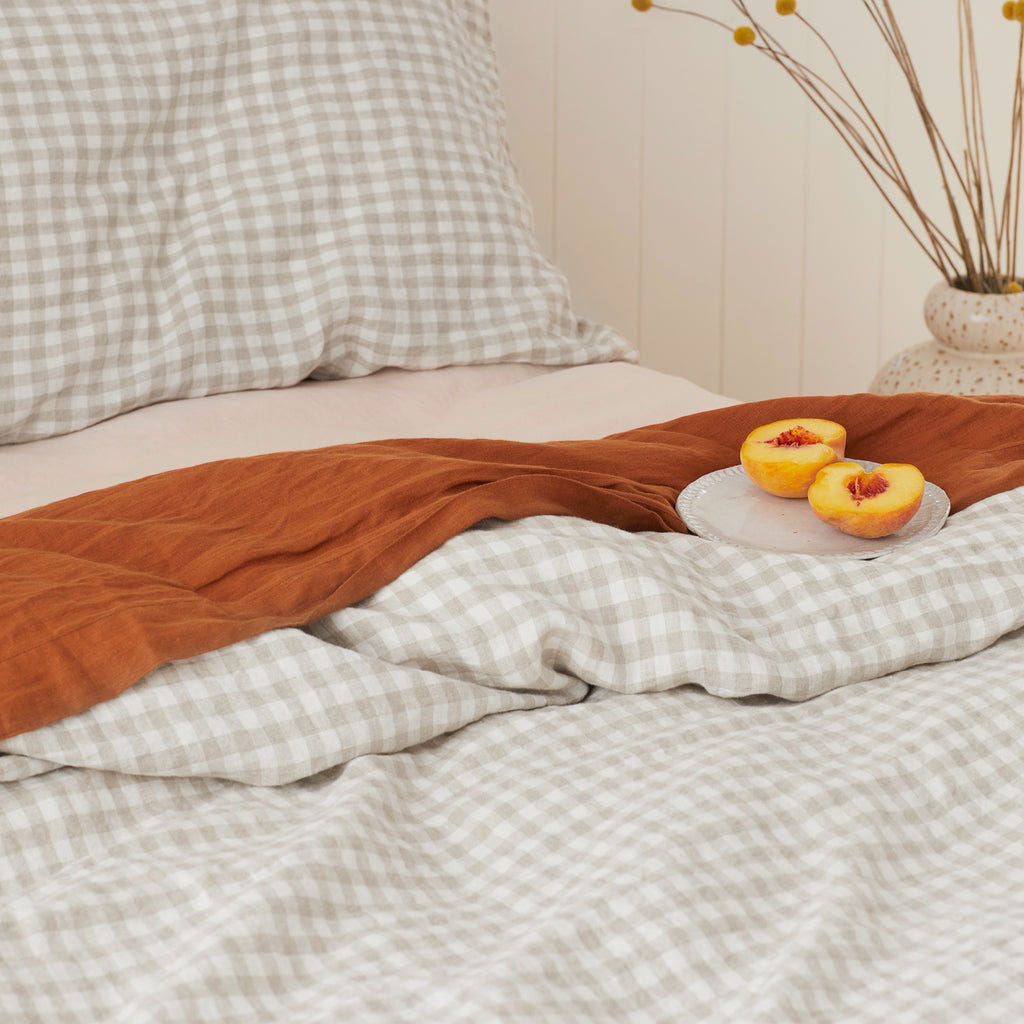 French Flax Linen Quilt Cover in Beige Gingham