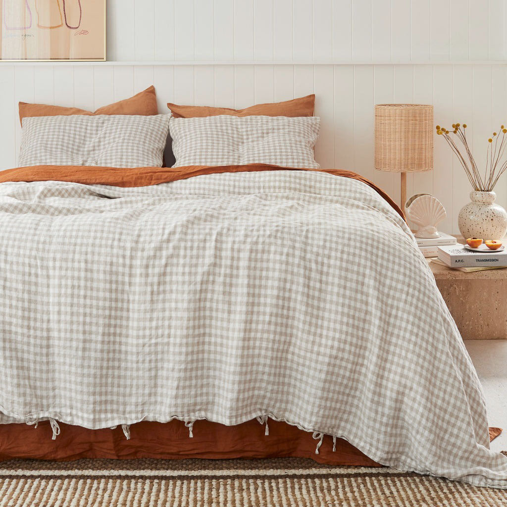 French Flax Linen Quilt Cover Set in Beige Gingham