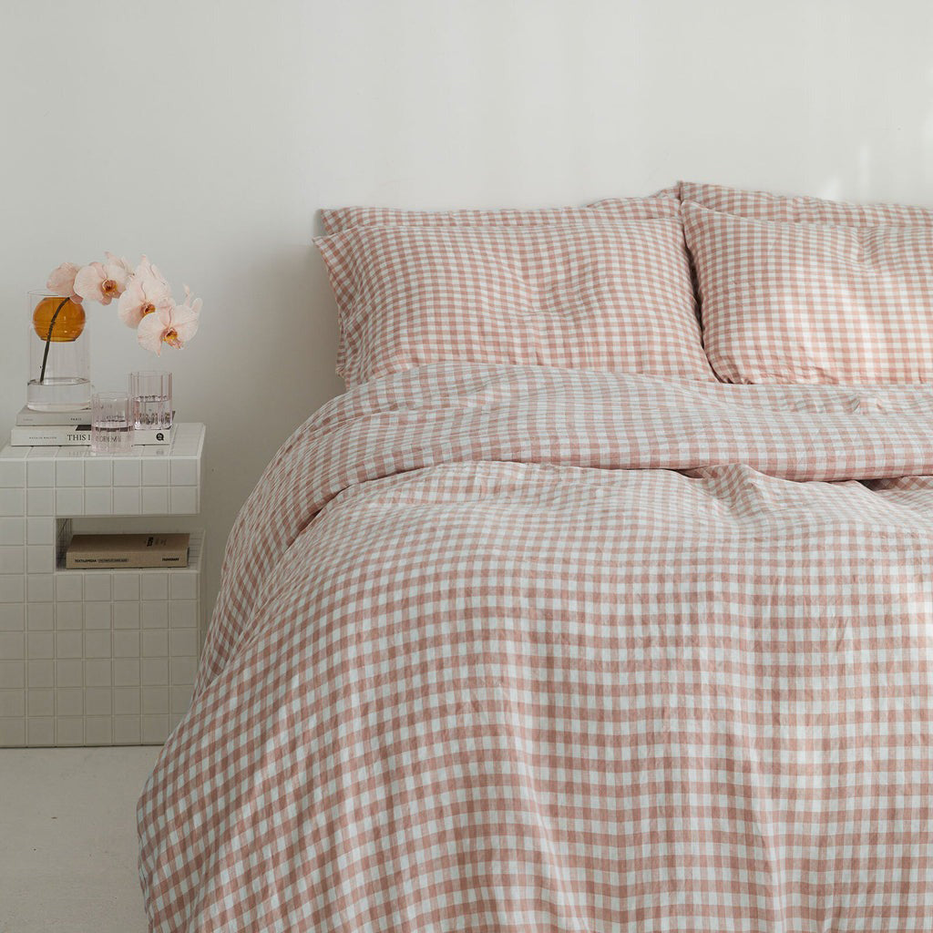 French Flax Linen Quilt Cover Set in Clay Gingham