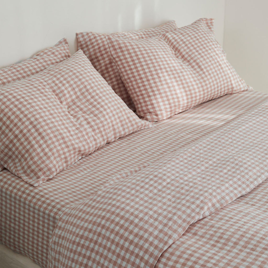 French Flax Linen Quilt Cover in Clay Gingham
