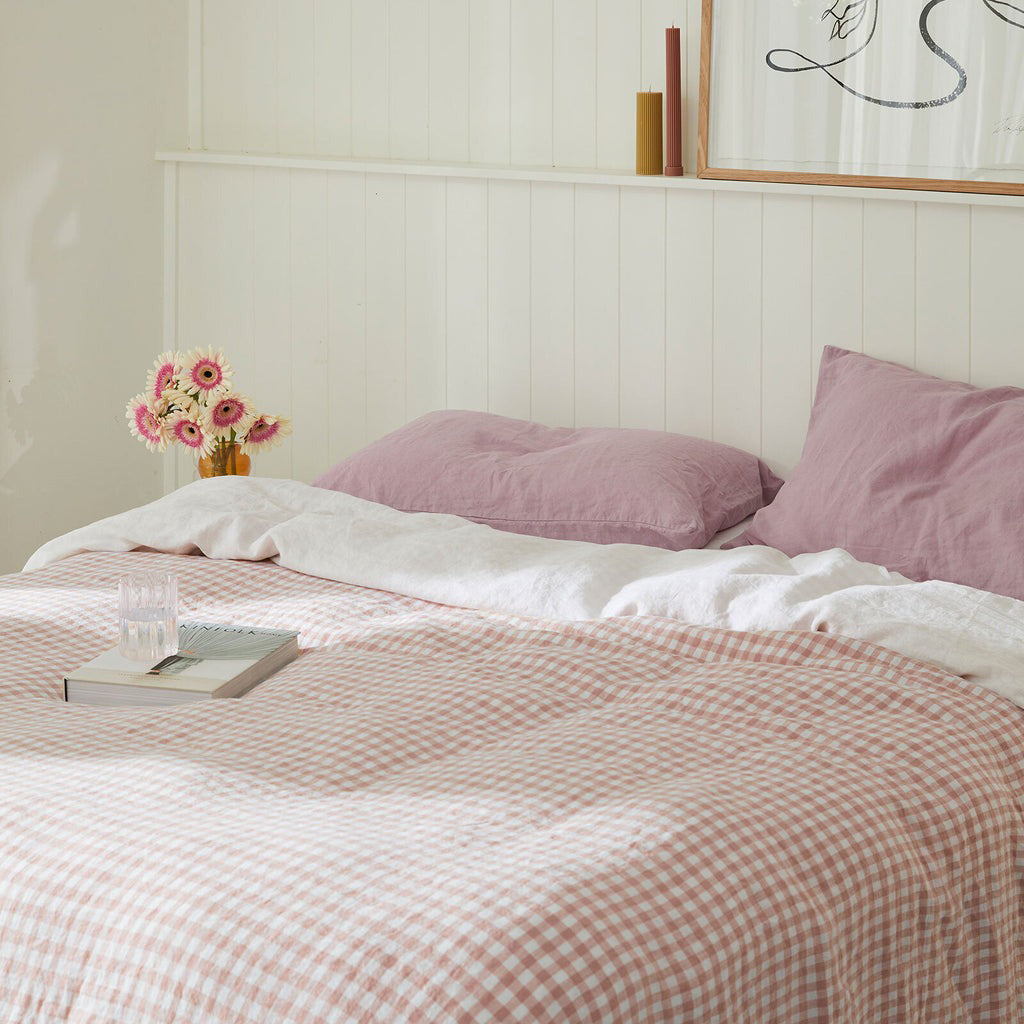 French Flax Linen Quilt Cover Set in Clay Gingham