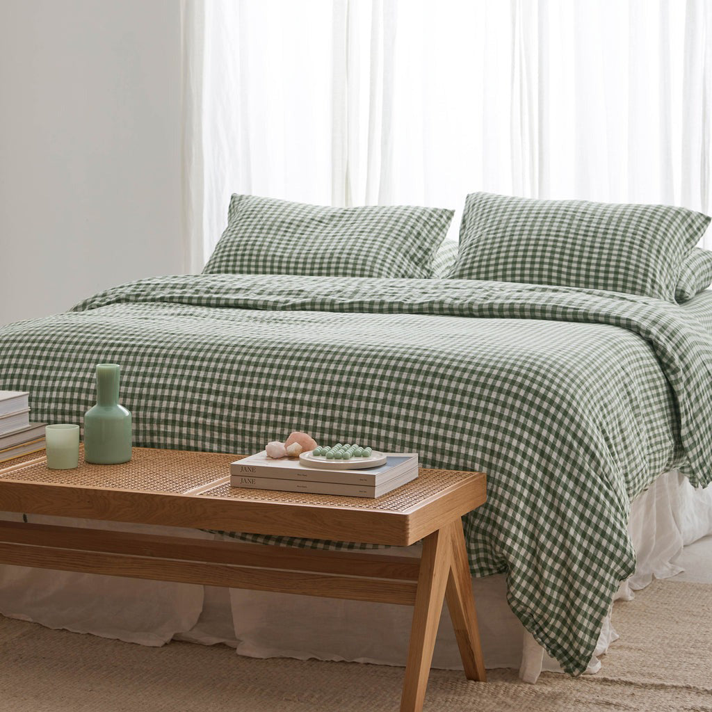 French Flax Linen Quilt Cover in Ivy Gingham