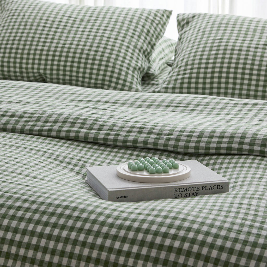 French Flax Linen Quilt Cover in Ivy Gingham