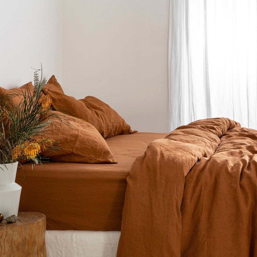 French Flax Linen Fitted Sheet in Ochre