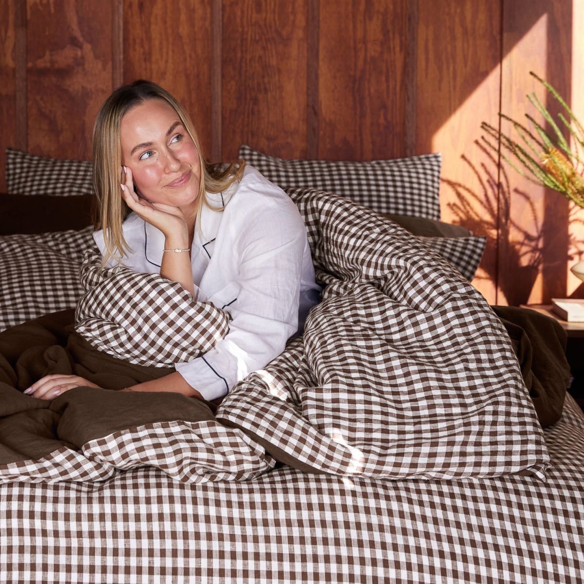 French Flax Linen Reversible Quilt Cover SET in Chocolate/Chocolate Gingham