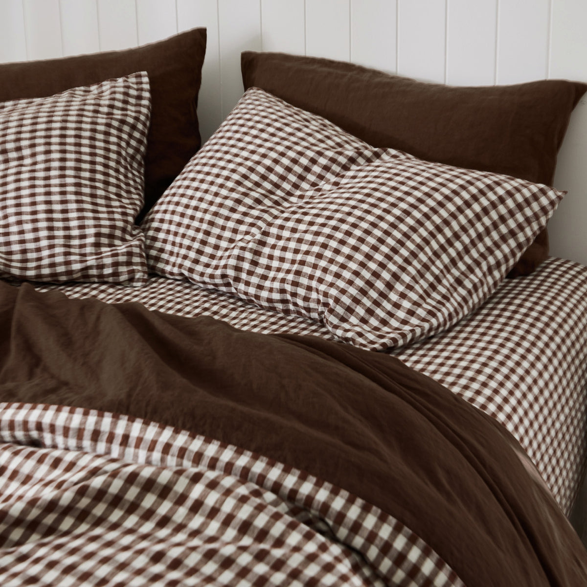 French Flax Linen Reversible Quilt Cover SET in Chocolate/Chocolate Gingham