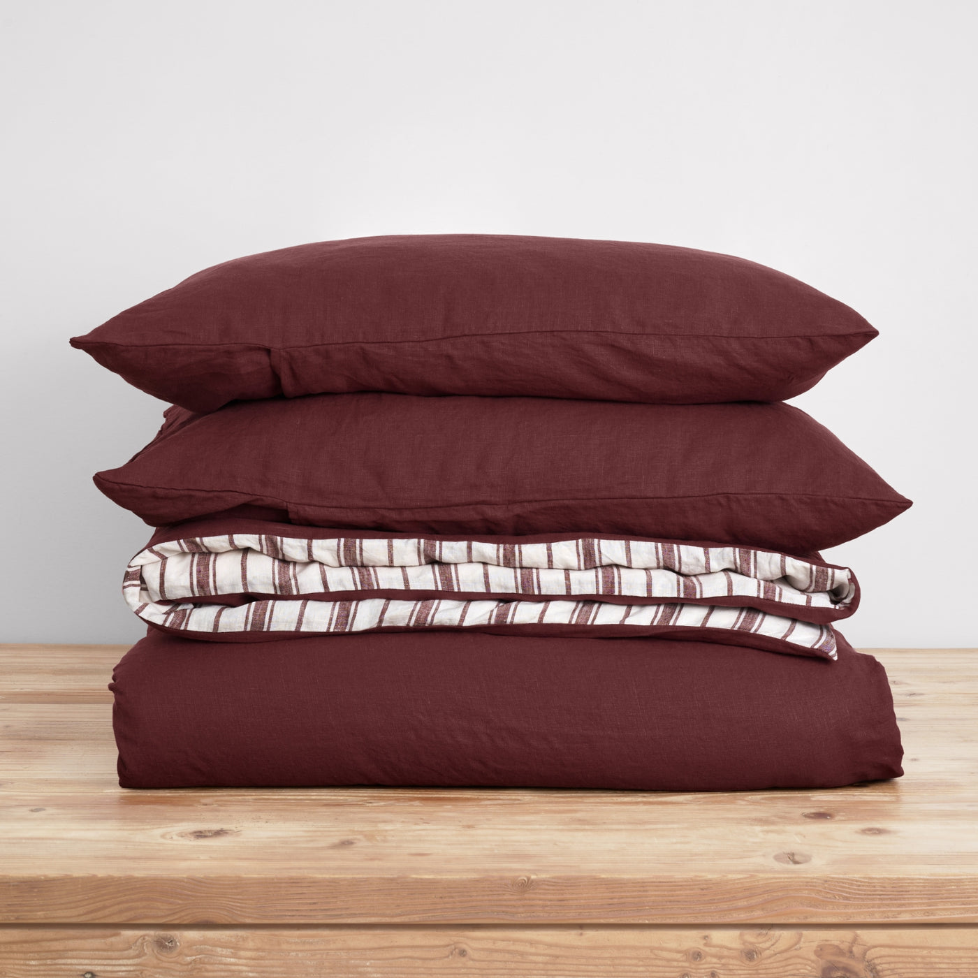 French Flax Linen Double Sided Quilt Cover Set in Cherrywood/Cherrywood Stripe