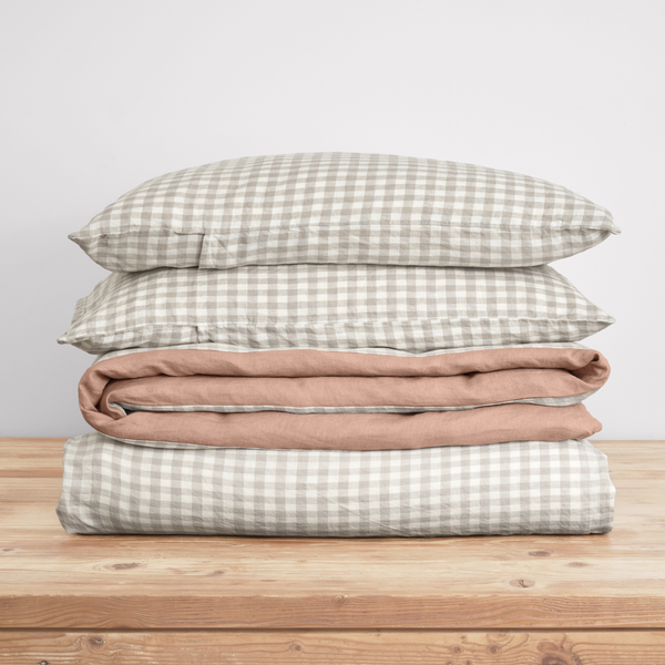 French Flax Linen Double Sided Quilt Cover Set in Clay/Beige Gingham