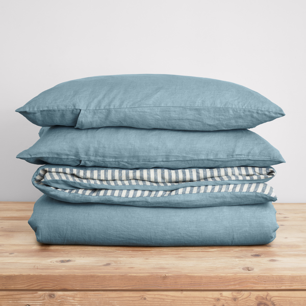 French Flax Linen Reversible Quilt Cover Set in Marine Blue/Marine Blue Stripe