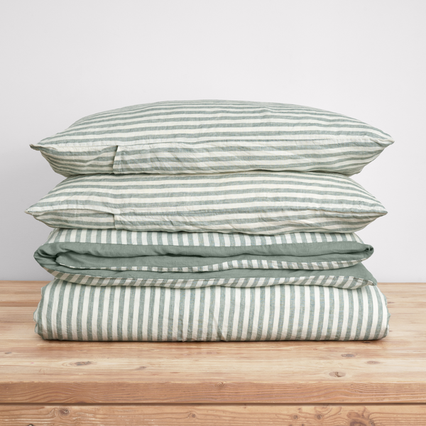 French Flax Linen Reversible Quilt Cover Set in Sage/Sage Stripe